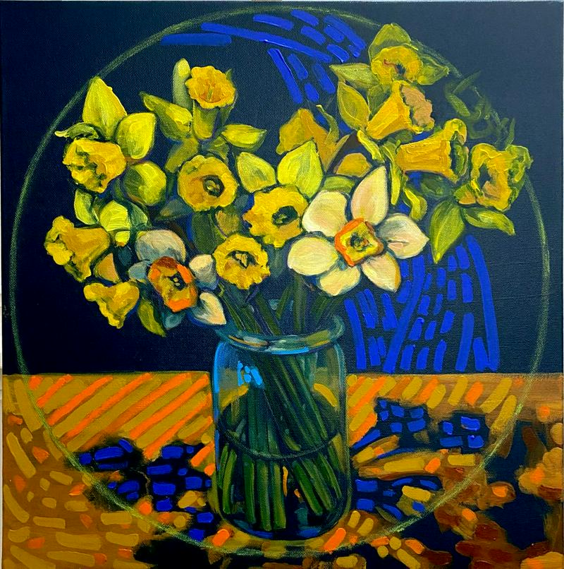 Still life with a jar of daffodils